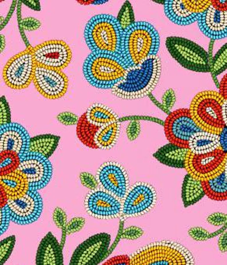 Native Beadwork Fabric 1/2 Yard, 449-Pink by Elizabeth's Studio, Indigenous Quilt Blanket Wall Hanging Table Runner Placemat Ribbon Skirt