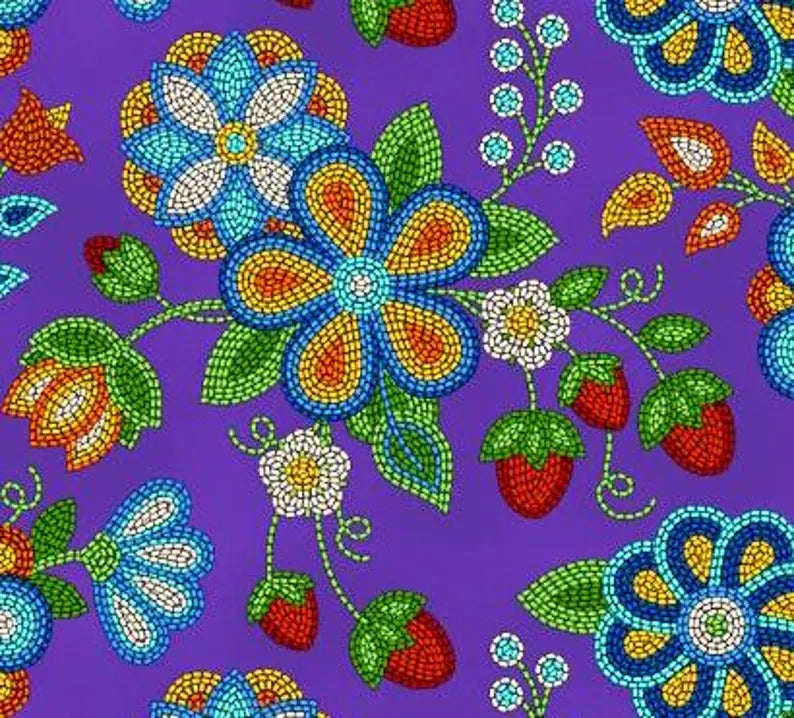Native Beadwork Fabric 1/2 Yard, 594-Purple by Elizabeth's Studio, Indigenous Quilt Blanket Wall Hanging Table Runner Placemat Ribbon Skirt