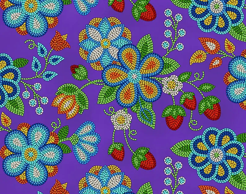 Native Beadwork Fabric 1/2 Yard, 594-Purple by Elizabeth's Studio, Indigenous Quilt Blanket Wall Hanging Table Runner Placemat Ribbon Skirt