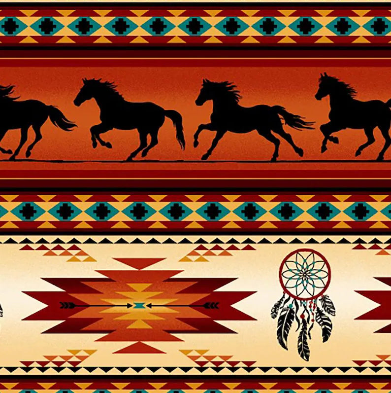 Native Indigenous Horse Fabric 1/2 Yard, 497-Terracotta by Elizabeth's Studio, Indigenous Quilt Blanket Wall Hanging Runner Ribbon Skirt