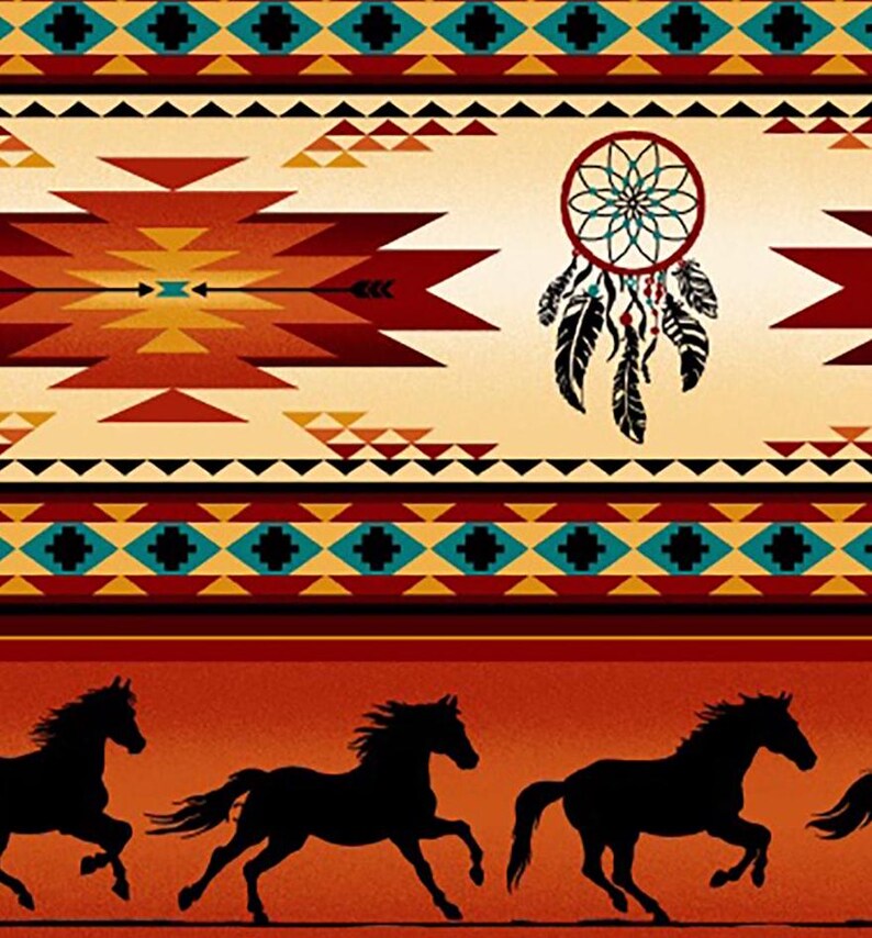 Native Indigenous Horse Fabric 1/2 Yard, 497-Terracotta by Elizabeth's Studio, Indigenous Quilt Blanket Wall Hanging Runner Ribbon Skirt