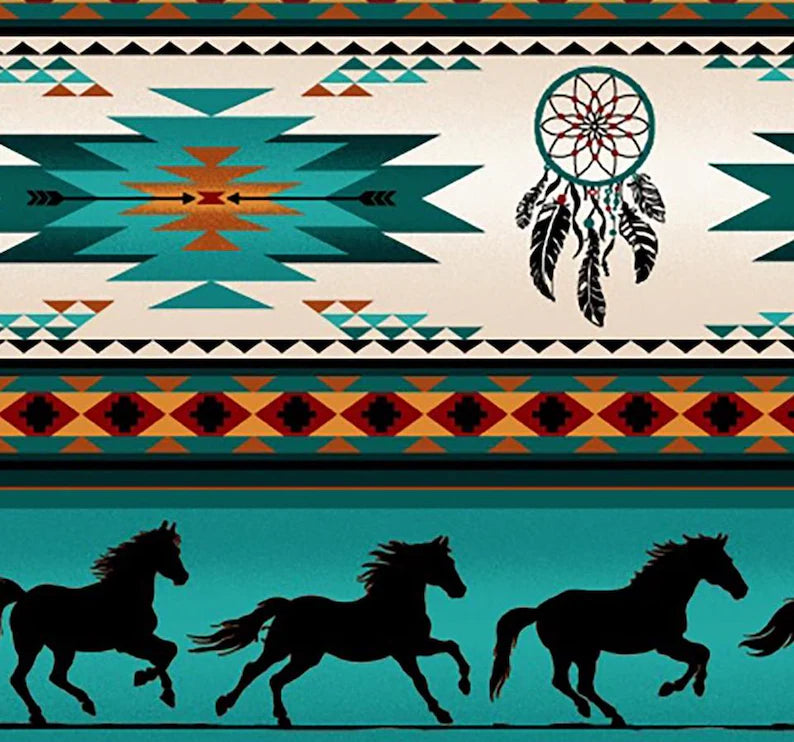 Native Indigenous Horse Fabric 1/2 Yard, 497-Turquoise by Elizabeth's Studio, Indigenous Quilt Blanket Wall Hanging Runner Ribbon Skirt