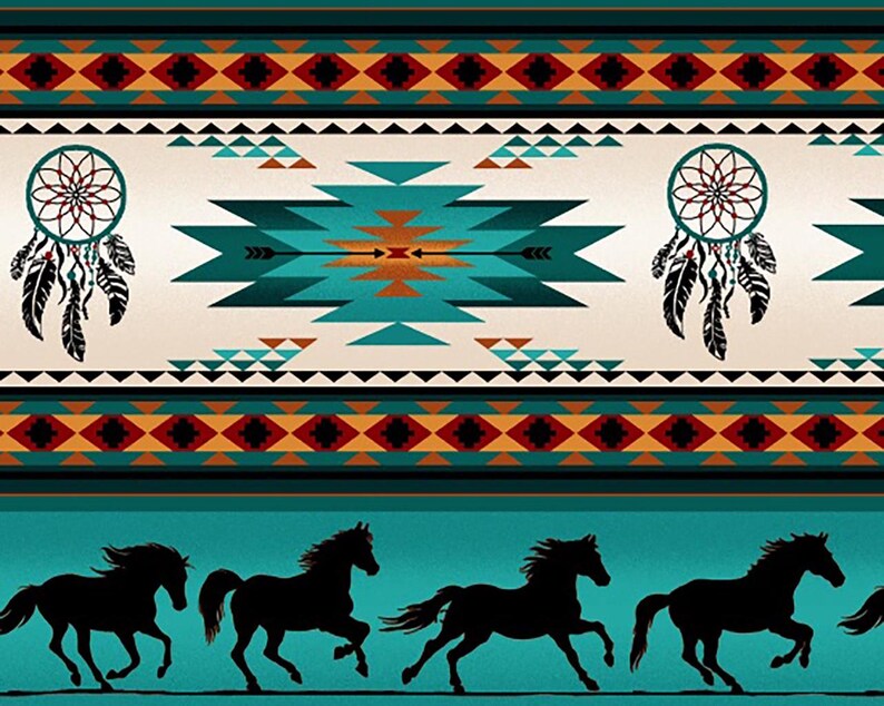 Native Indigenous Horse Fabric 1/2 Yard, 497-Turquoise by Elizabeth's Studio, Indigenous Quilt Blanket Wall Hanging Runner Ribbon Skirt