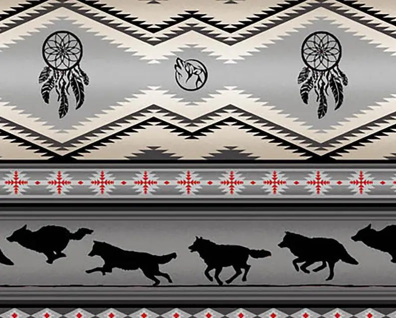 Native Indigenous Wolf Fabric 1/2 Yard, 556-Gray by Elizabeth's Studio, Indigenous Quilt Blanket Wall Hanging Runner Ribbon Skirt