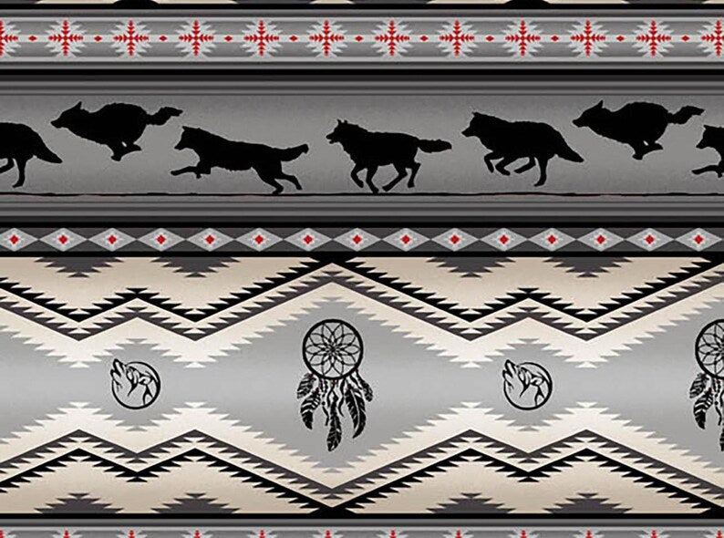 Native Indigenous Wolf Fabric 1/2 Yard, 556-Gray by Elizabeth's Studio, Indigenous Quilt Blanket Wall Hanging Runner Ribbon Skirt