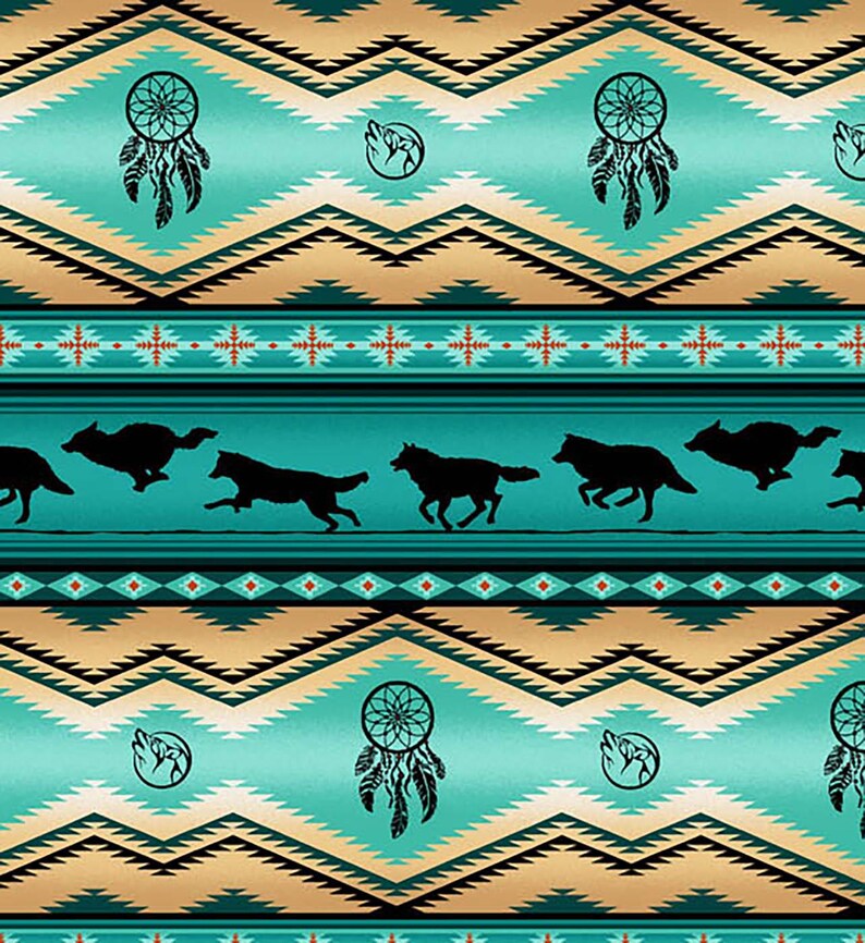 Native Indigenous Wolf Fabric 1/2 Yard, 556-Turquoise by Elizabeth's Studio, Indigenous Quilt Blanket Wall Hanging Runner Ribbon Skirt