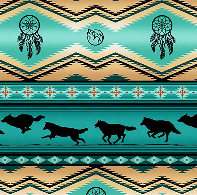 Native Indigenous Wolf Fabric 1/2 Yard, 556-Turquoise by Elizabeth's Studio, Indigenous Quilt Blanket Wall Hanging Runner Ribbon Skirt