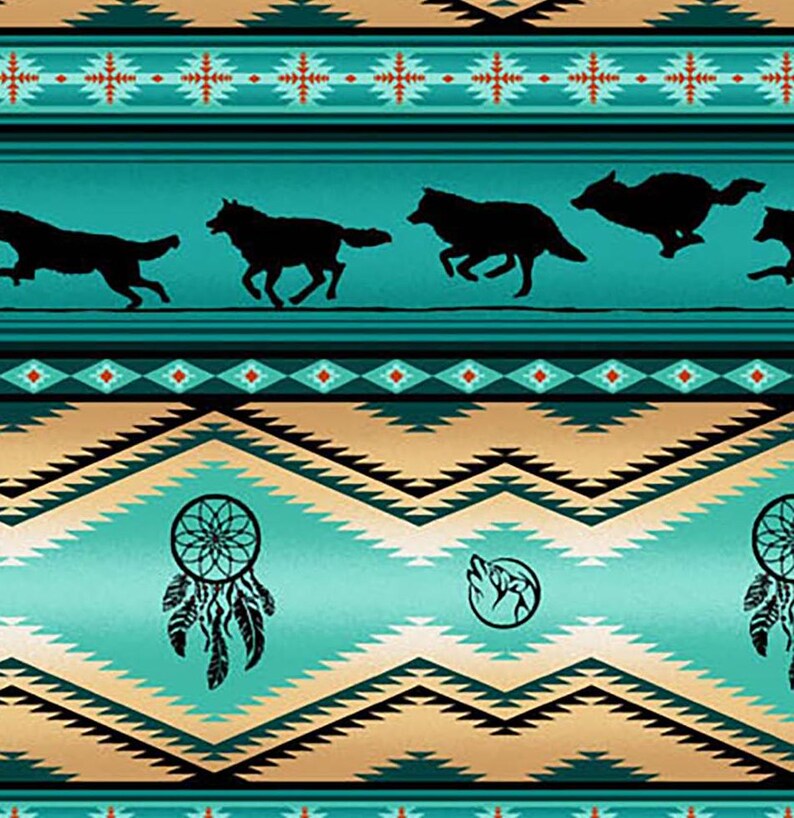 Native Indigenous Wolf Fabric 1/2 Yard, 556-Turquoise by Elizabeth's Studio, Indigenous Quilt Blanket Wall Hanging Runner Ribbon Skirt