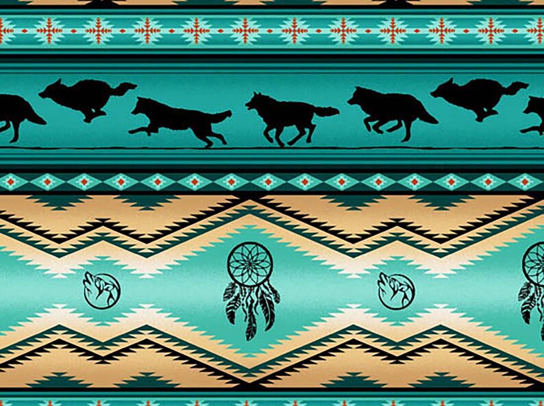 Native Indigenous Wolf Fabric 1/2 Yard, 556-Turquoise by Elizabeth's Studio, Indigenous Quilt Blanket Wall Hanging Runner Ribbon Skirt