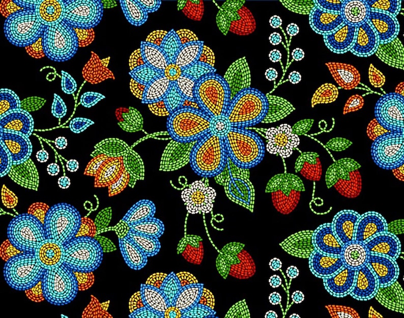 Native Beadwork Fabric 1/2 Yard, 594-Black by Elizabeth's Studio, Indigenous Quilt Blanket Wall Hanging Table Runner Placemat Ribbon Skirt