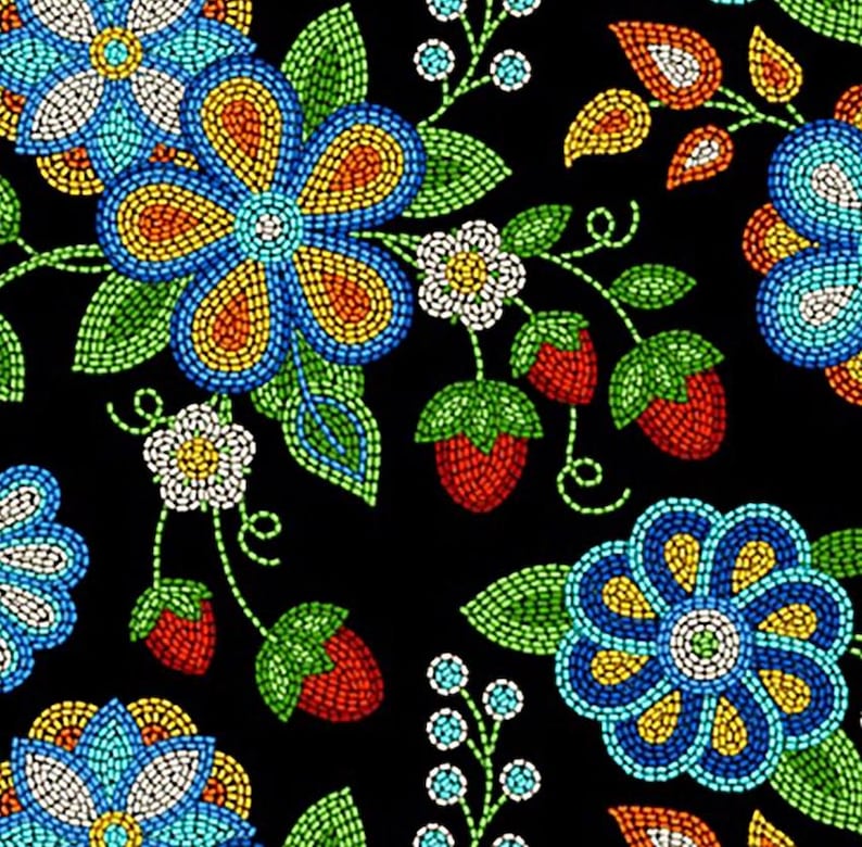 Native Beadwork Fabric 1/2 Yard, 594-Black by Elizabeth's Studio, Indigenous Quilt Blanket Wall Hanging Table Runner Placemat Ribbon Skirt