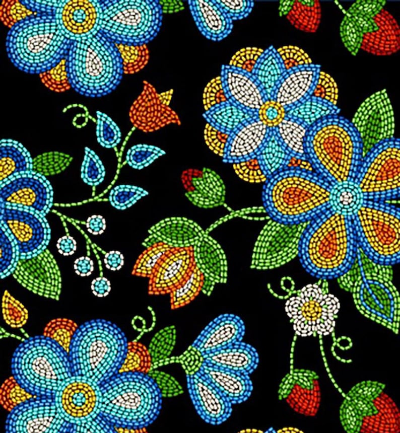Native Beadwork Fabric 1/2 Yard, 594-Black by Elizabeth's Studio, Indigenous Quilt Blanket Wall Hanging Table Runner Placemat Ribbon Skirt