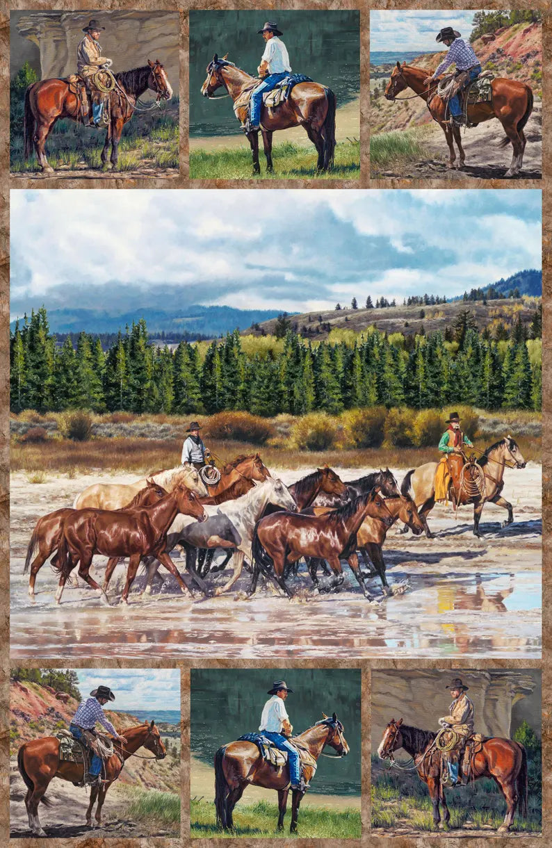 Horse Fabric Panel 28"x43", DP26975-44 Hidden Valley by Northcott, Horse Roundup Bed Gift Quilt Tractor Horses Cows Stream Quilt Block