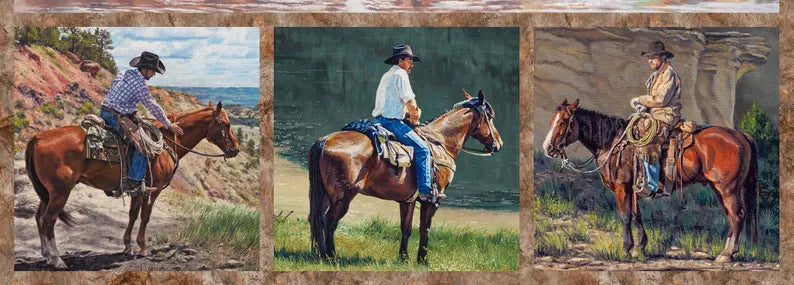 Horse Fabric Panel 28"x43", DP26975-44 Hidden Valley by Northcott, Horse Roundup Bed Gift Quilt Tractor Horses Cows Stream Quilt Block