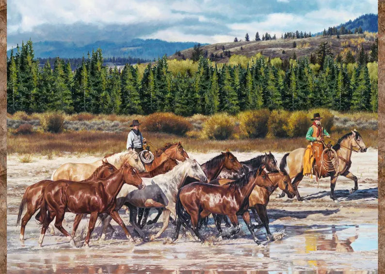 Horse Fabric Panel 28"x43", DP26975-44 Hidden Valley by Northcott, Horse Roundup Bed Gift Quilt Tractor Horses Cows Stream Quilt Block