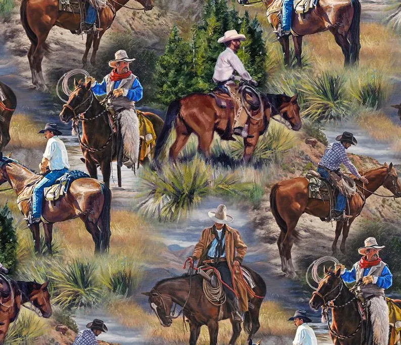 Horse Fabric 1/2 yard, DP26977-74 Hidden Valley by Northcott, Horse Roundup Bed Gift Quilt Tractor Horses Cows Stream Quilt Block