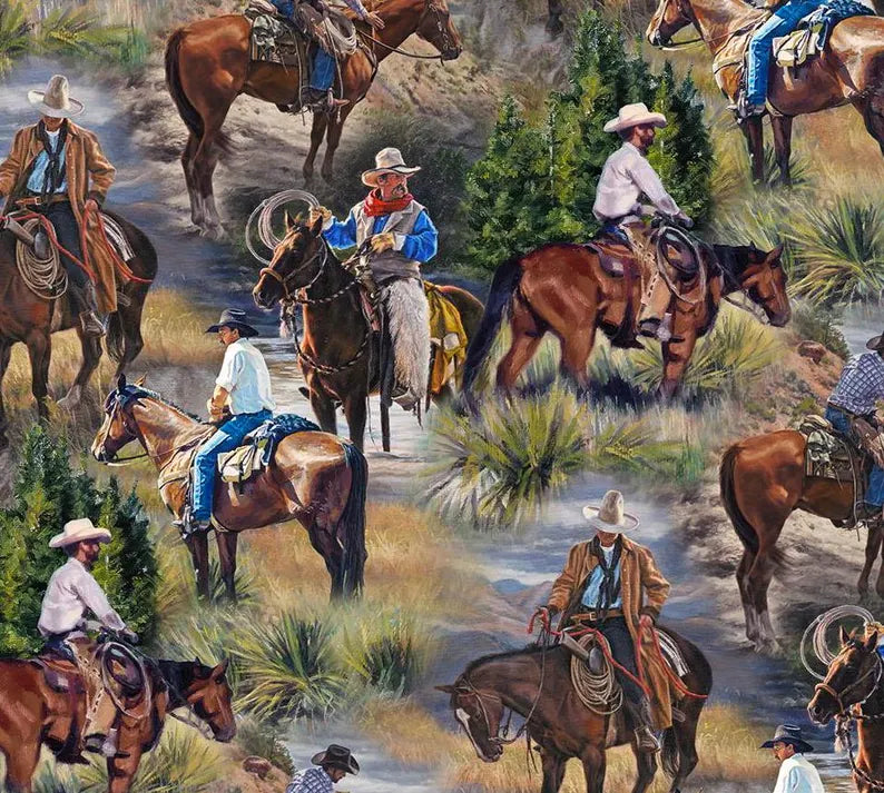 Horse Fabric 1/2 yard, DP26977-74 Hidden Valley by Northcott, Horse Roundup Bed Gift Quilt Tractor Horses Cows Stream Quilt Block