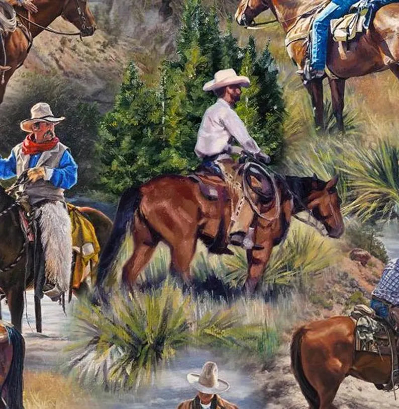 Horse Fabric 1/2 yard, DP26977-74 Hidden Valley by Northcott, Horse Roundup Bed Gift Quilt Tractor Horses Cows Stream Quilt Block