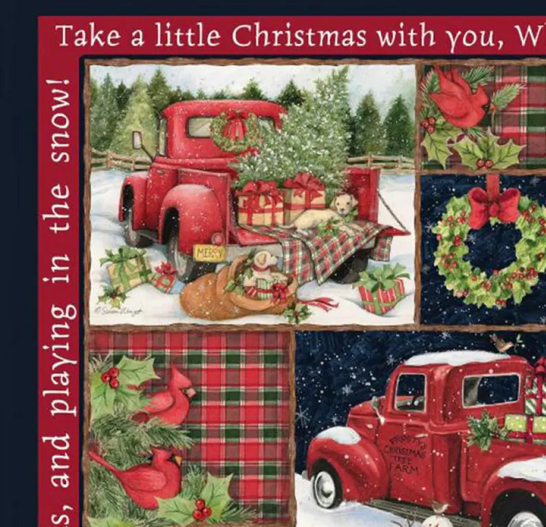 Red Truck Christmas 36"x43", 66689A620715 by Springs Creative, Christmas Farm Red Barn Gift Bed Quilt