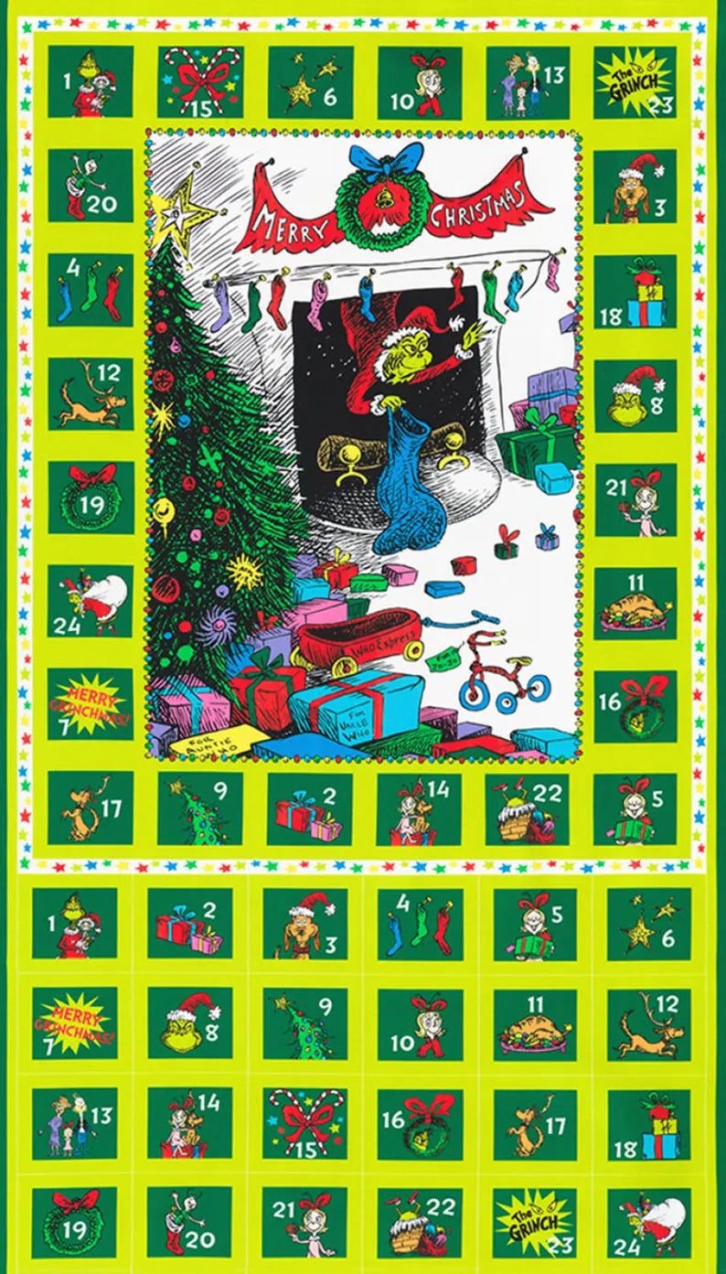 Grinch Advent Fabric Panel 23"x43", ADED22565223 Robert Kaufman, Grinch Blue Quilt Wall Hanging Placemats Table Runner Blanket Bag Gift