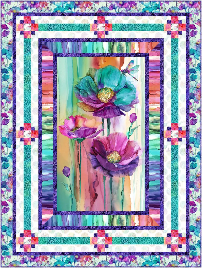 RARE Teal Dragonfly Dance Quilt Kit 54x72", Northcott Fabrics, Floral Gift Quilt Hanging Throw Flowers, Discontinued, Backing Available