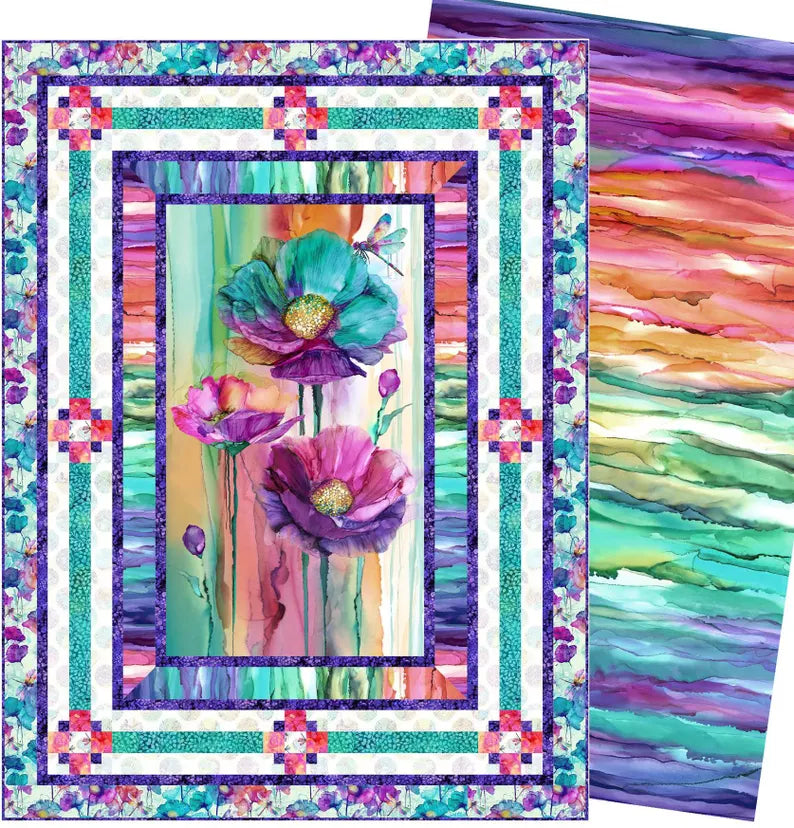 RARE Teal Dragonfly Dance Quilt Kit 54x72", Northcott Fabrics, Floral Gift Quilt Hanging Throw Flowers, Discontinued, Backing Available