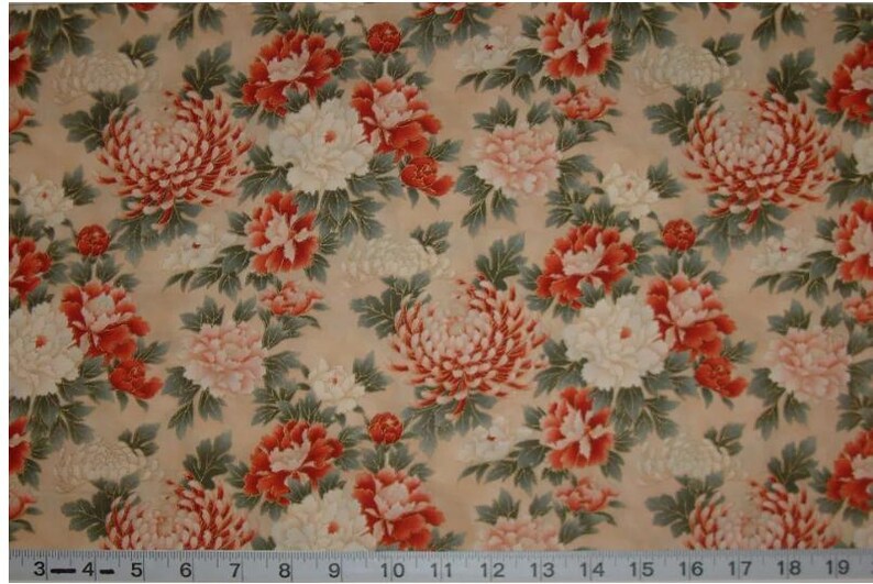 Tyoto Fabric 1/2 yard, E957 Kyoto Gardens Fabric by Hoffman California, Gold Fabric, FloralCream Fabric Quilt Blanket
