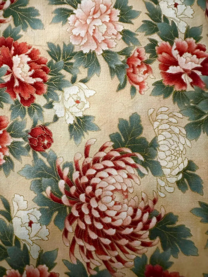 Tyoto Fabric 1/2 yard, E957 Kyoto Gardens Fabric by Hoffman California, Gold Fabric, FloralCream Fabric Quilt Blanket