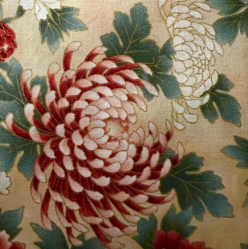 Tyoto Fabric 1/2 yard, E957 Kyoto Gardens Fabric by Hoffman California, Gold Fabric, FloralCream Fabric Quilt Blanket