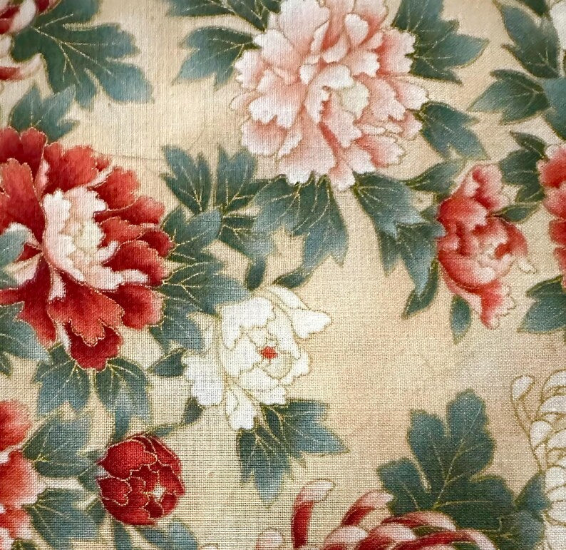 Tyoto Fabric 1/2 yard, E957 Kyoto Gardens Fabric by Hoffman California, Gold Fabric, FloralCream Fabric Quilt Blanket