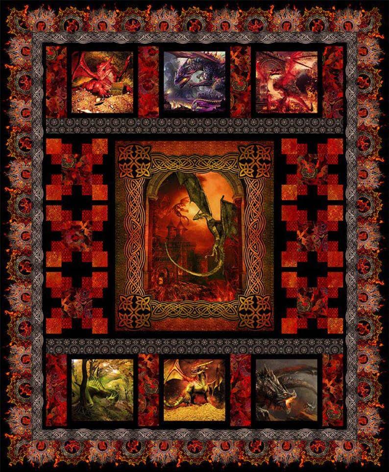Dragons Red Quilt Kit 76"x92", using In the Beginning Fabrics, Dragon Gift Bed Quilt Lap Twin Double Queen