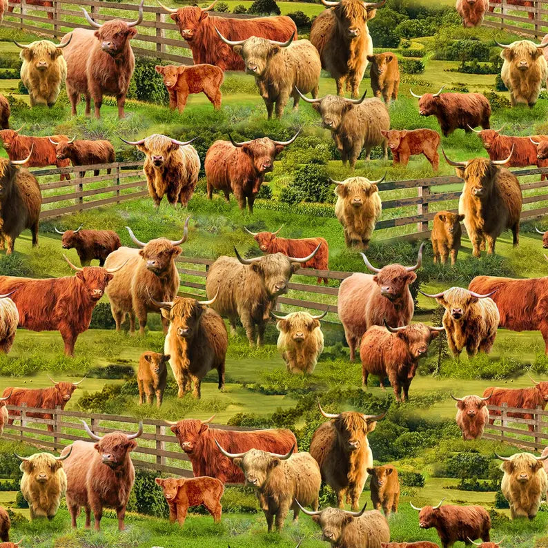 Highland Cows Fabric Sold by the Half Yard, CD3076-MULTI Elizabeth's Studio, Farm Cows Gifts Quilt Wall Hanging Placemat