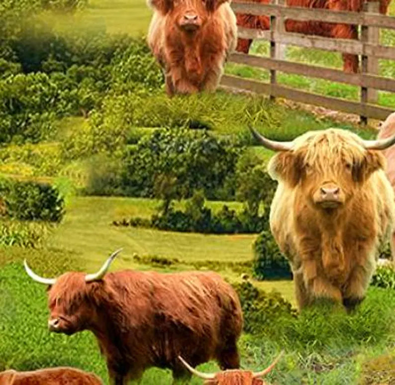 Highland Cows Fabric Sold by the Half Yard, CD3076-MULTI Elizabeth's Studio, Farm Cows Gifts Quilt Wall Hanging Placemat