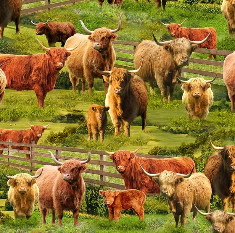 Highland Cows Fabric Sold by the Half Yard, CD3076-MULTI Elizabeth's Studio, Farm Cows Gifts Quilt Wall Hanging Placemat