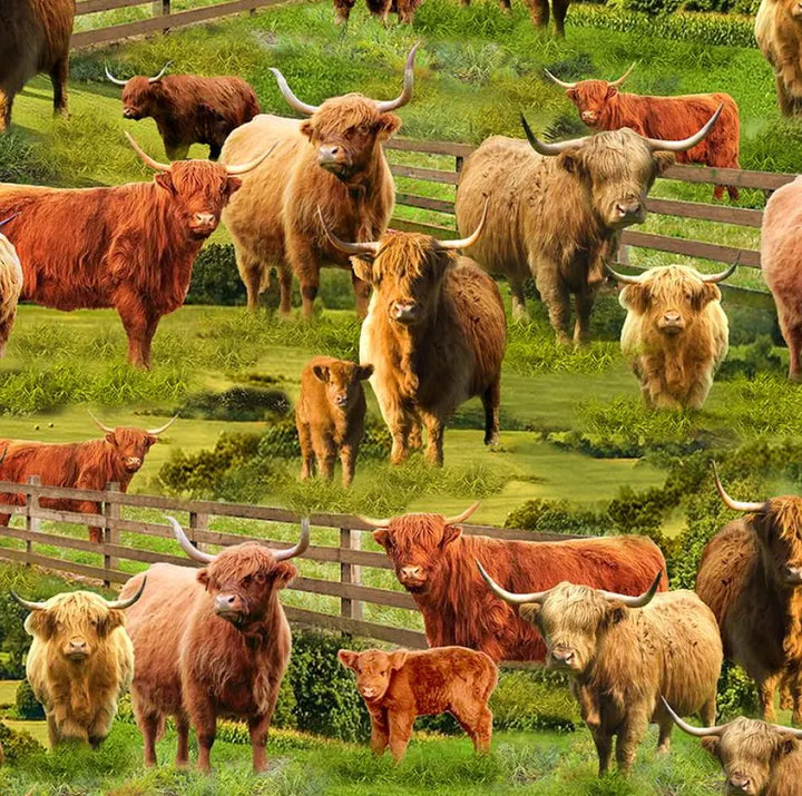 Highland Cows Fabric Sold by the Half Yard, CD3076-MULTI Elizabeth's Studio, Farm Cows Gifts Quilt Wall Hanging Placemat