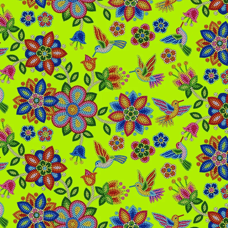 Native Beadwork and Hummingbirds Fabric 1/2 Yard, 640Lime by Elizabeth's Studio, Indigenous Quilt Blanket Wall Hanging Runner Ribbon Skirt