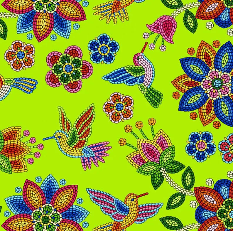 Native Beadwork and Hummingbirds Fabric 1/2 Yard, 640Lime by Elizabeth's Studio, Indigenous Quilt Blanket Wall Hanging Runner Ribbon Skirt