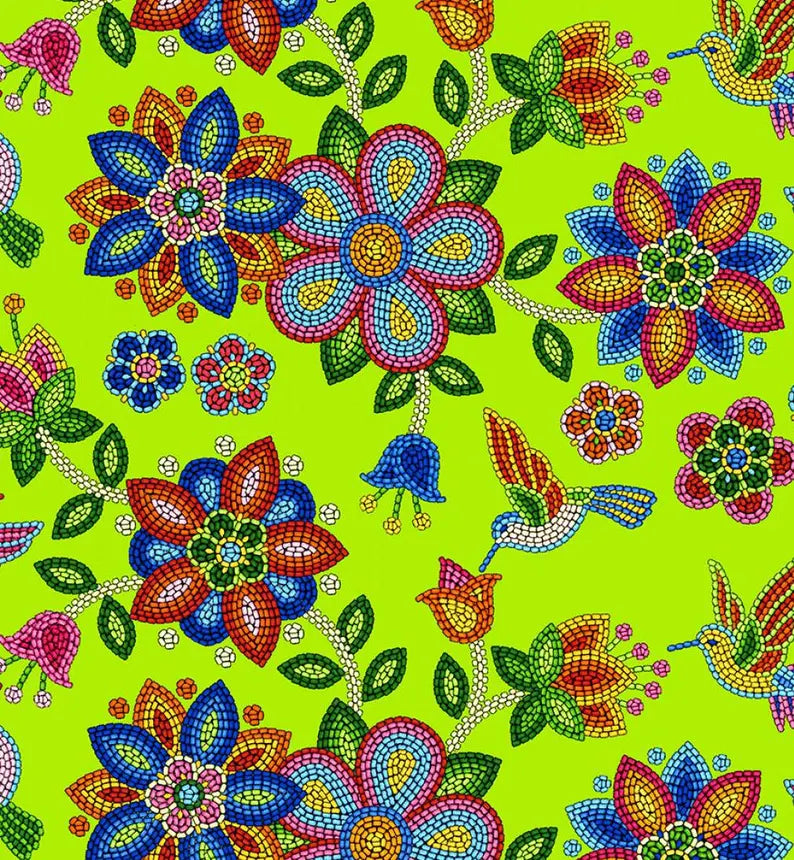 Native Beadwork and Hummingbirds Fabric 1/2 Yard, 640Lime by Elizabeth's Studio, Indigenous Quilt Blanket Wall Hanging Runner Ribbon Skirt