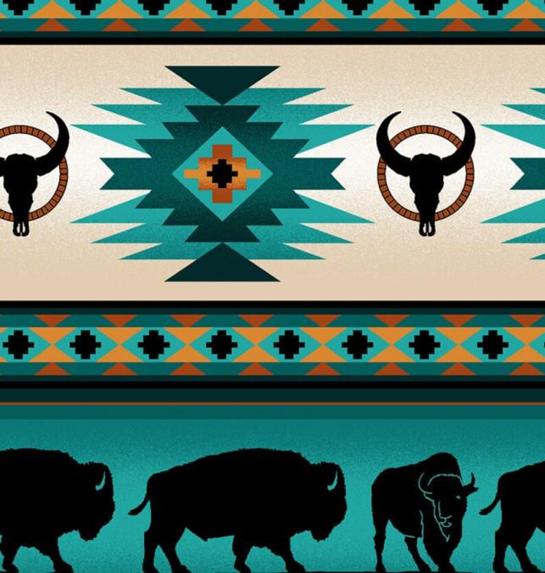 Native Indigenous Buffalo Fabric 1/2 Yard, 485-Turquoise by Elizabeth's Studio, Indigenous Quilt Blanket Wall Hanging Runner Ribbon Skirt