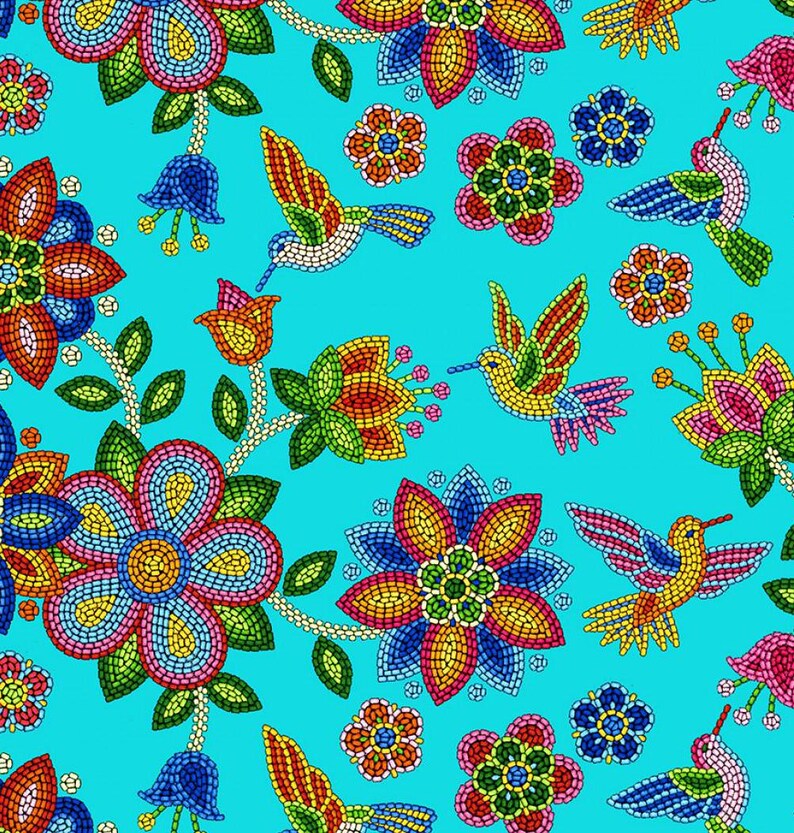 Native Beadwork and Hummingbirds Fabric 1/2 Yard, 640Turquoise by Elizabeth's Studio, Indigenous Quilt Blanket Wall Runner Ribbon Skirt