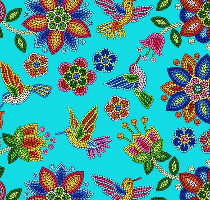 Native Beadwork and Hummingbirds Fabric 1/2 Yard, 640Turquoise by Elizabeth's Studio, Indigenous Quilt Blanket Wall Runner Ribbon Skirt