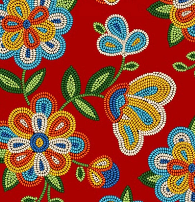 Native Beadwork Fabric 1/2 Yard, 449Red by Elizabeth's Studio, Indigenous Quilt Blanket Wall Hanging Table Runner Placemat Ribbon Skirt