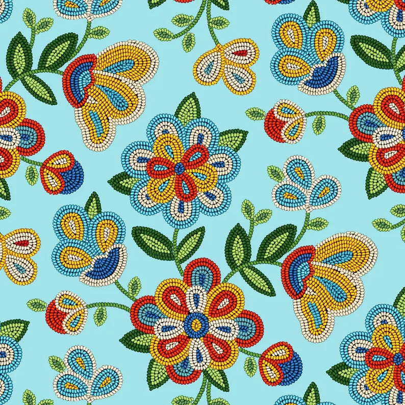 Native Beadwork Fabric 1/2 Yard, 449Light Turquoise by Elizabeth's Studio, Indigenous Quilt Blanket Wall Hanging Table Runner Ribbon Skirt