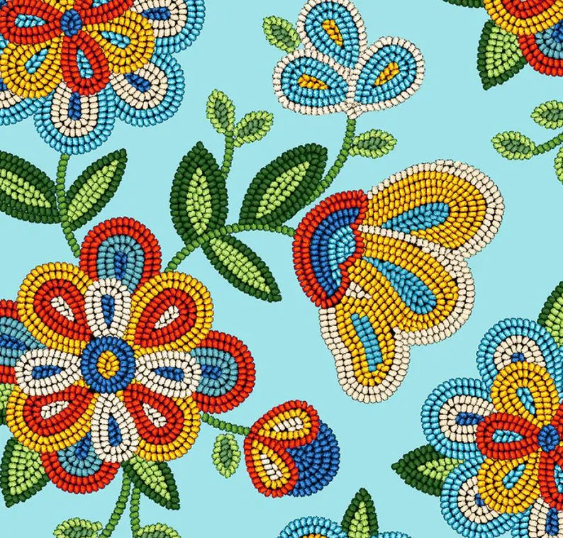 Native Beadwork Fabric 1/2 Yard, 449Light Turquoise by Elizabeth's Studio, Indigenous Quilt Blanket Wall Hanging Table Runner Ribbon Skirt