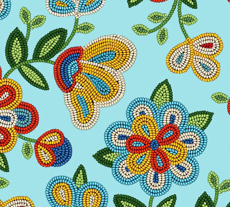 Native Beadwork Fabric 1/2 Yard, 449Light Turquoise by Elizabeth's Studio, Indigenous Quilt Blanket Wall Hanging Table Runner Ribbon Skirt