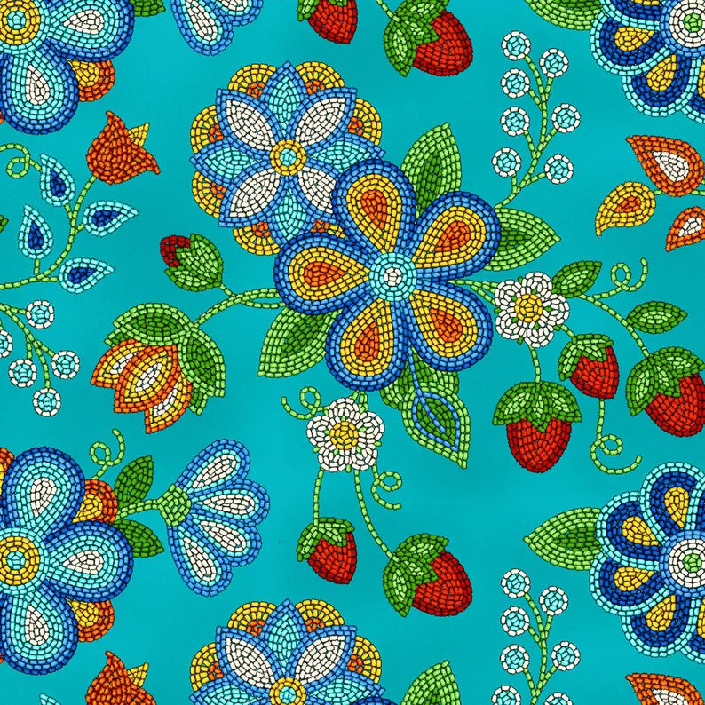 Native Beadwork Fabric 1/2 Yard, 594Turqoise by Elizabeth's Studio, Indigenous Quilt Blanket Wall Hanging Table Runner Placemat Ribbon Skirt