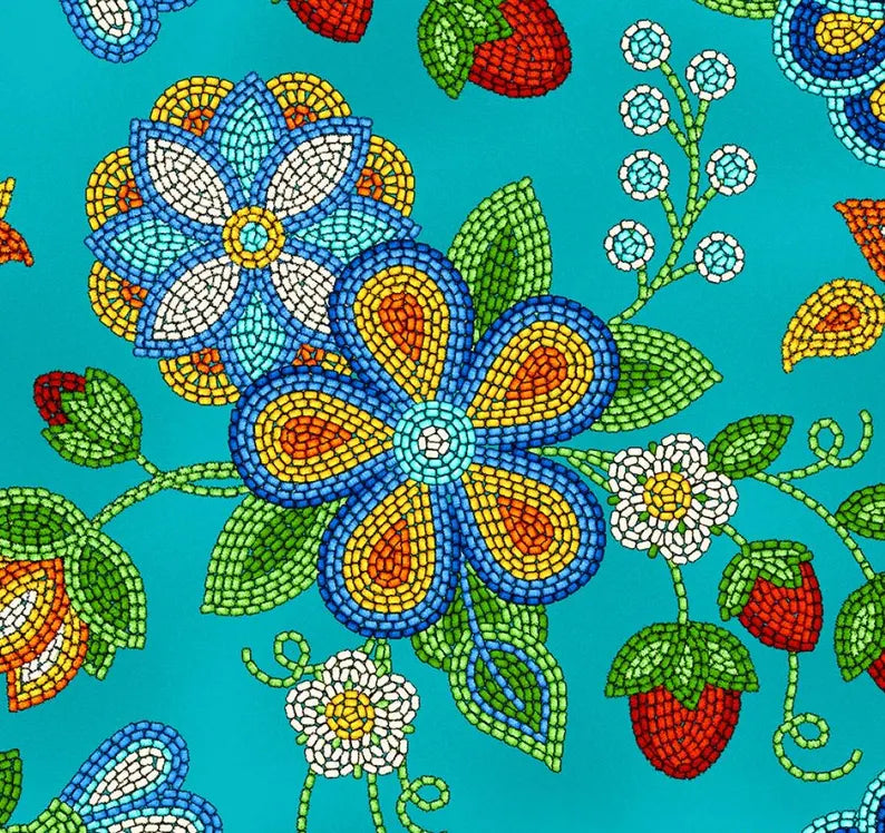 Native Beadwork Fabric 1/2 Yard, 594Turqoise by Elizabeth's Studio, Indigenous Quilt Blanket Wall Hanging Table Runner Placemat Ribbon Skirt