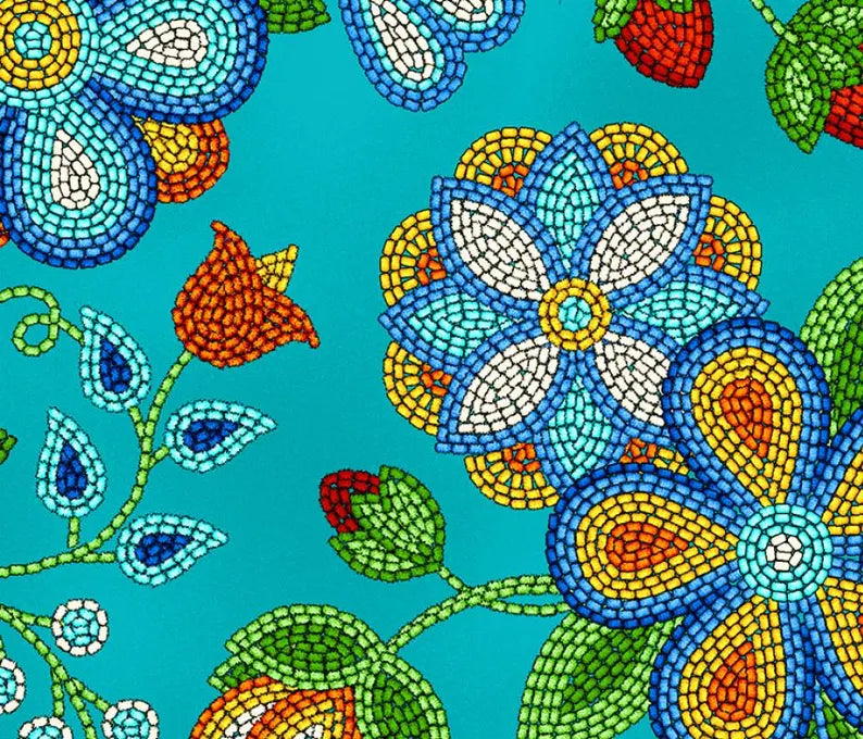 Native Beadwork Fabric 1/2 Yard, 594Turqoise by Elizabeth's Studio, Indigenous Quilt Blanket Wall Hanging Table Runner Placemat Ribbon Skirt