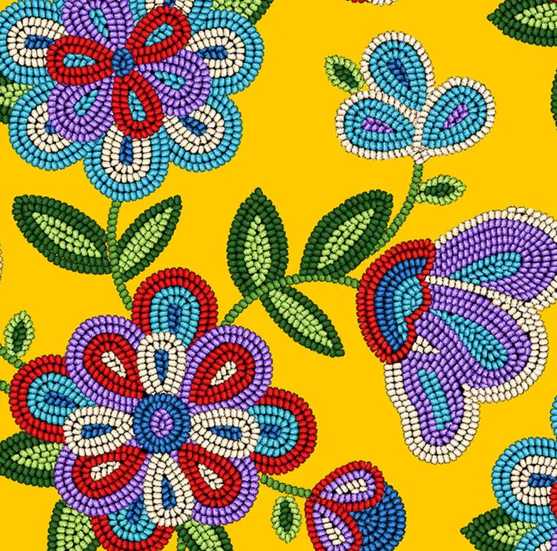 Native Beadwork Fabric 1/2 Yard, 449 Gold by Elizabeth's Studio, Indigenous Quilt Blanket Wall Hanging Table Runner Ribbon Skirt