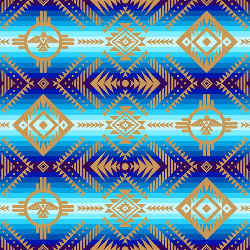 Native Beadwork Fabric 1/2 Yard, 648 Blue Tuscan Thunderbird by Elizabeth's Studio, Indigenous Quilt Blanket Table Runner Ribbon Skirt